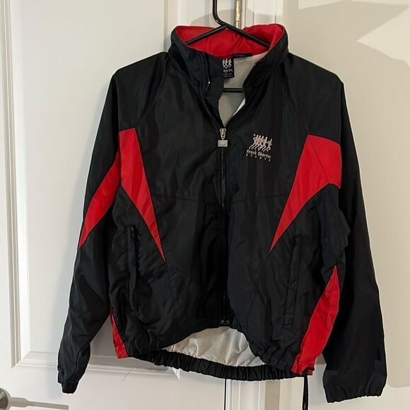 Vintage Frank Shorter Sports Running Marathon Jacket Black Red Lined Hood Retro - Picture 1 of 7